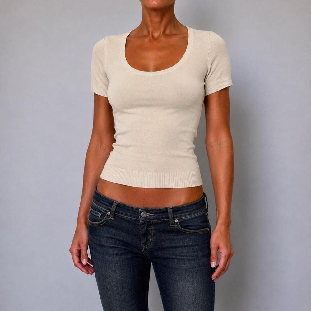 Ann Taylor 90s Minimalist Cream Silk Ivory Scoop Neck Fitted Sweater Top Sz XS